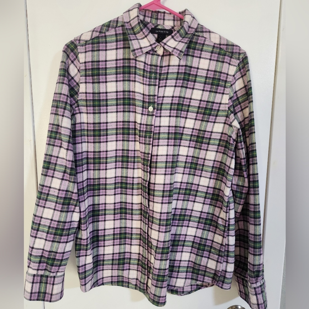 Lands' End Wonen's Lavender and Green Plaid Button-Down Flannel Shirt